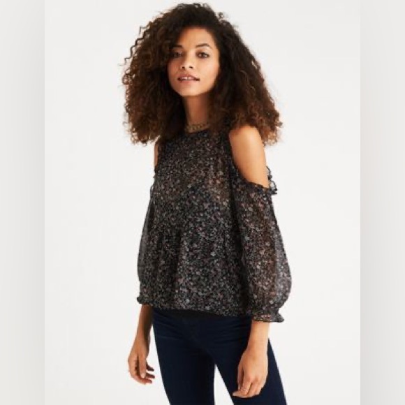 American Eagle Black Floral Ruffle-Trim Cold Shoulder Blouse | Size Small - Picture 14 of 15